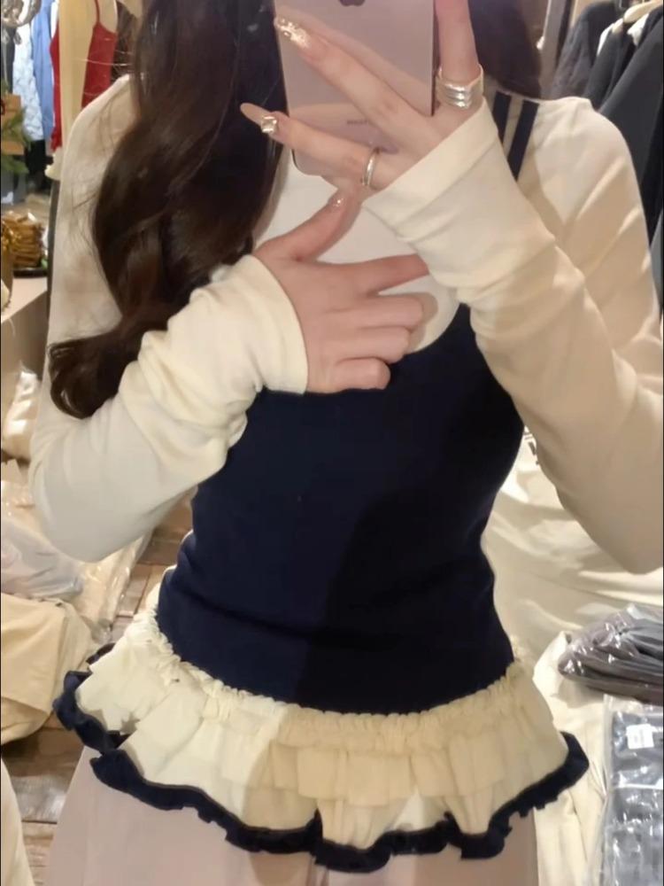 Корейские женские футболки Fake Two Chic Tees Длинные рукава О-образный вырез Оборки Милые майки Бандаж Повседневные футболки Y2k