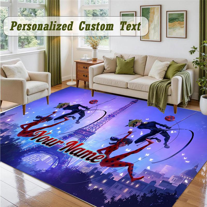 Crystal Velvet Square Rug Custom NameMiraculous Ladybug Pattern Non Slip Home Floor Decor Rug