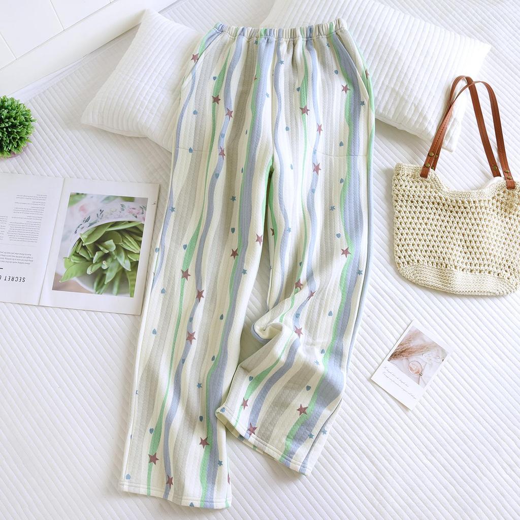 Женские мягкие пижамные брюки из чистого хлопка - Осенне-зимние тонкие повседневные брюки для дома с разрезами по бокам