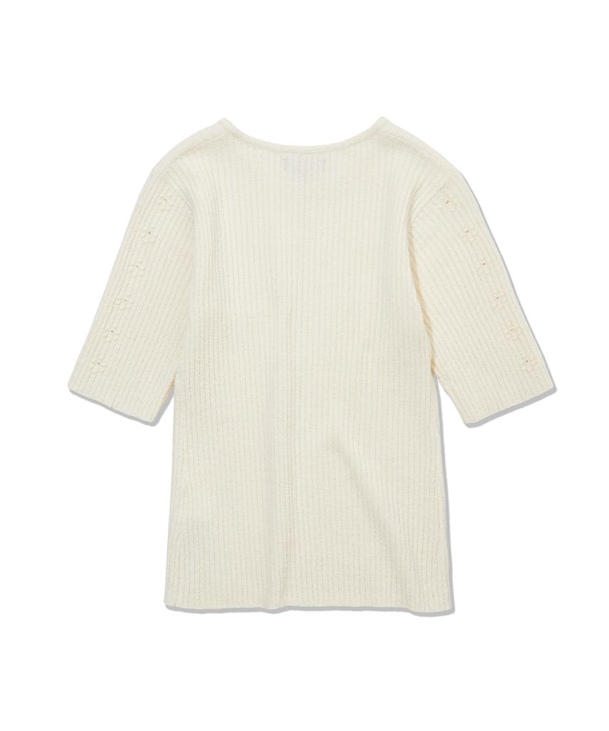 PENFIELD Round Neck Boucle Ribbed Flower Accent Short Sleeve Cardigan Off-White_Fs2Nj06F