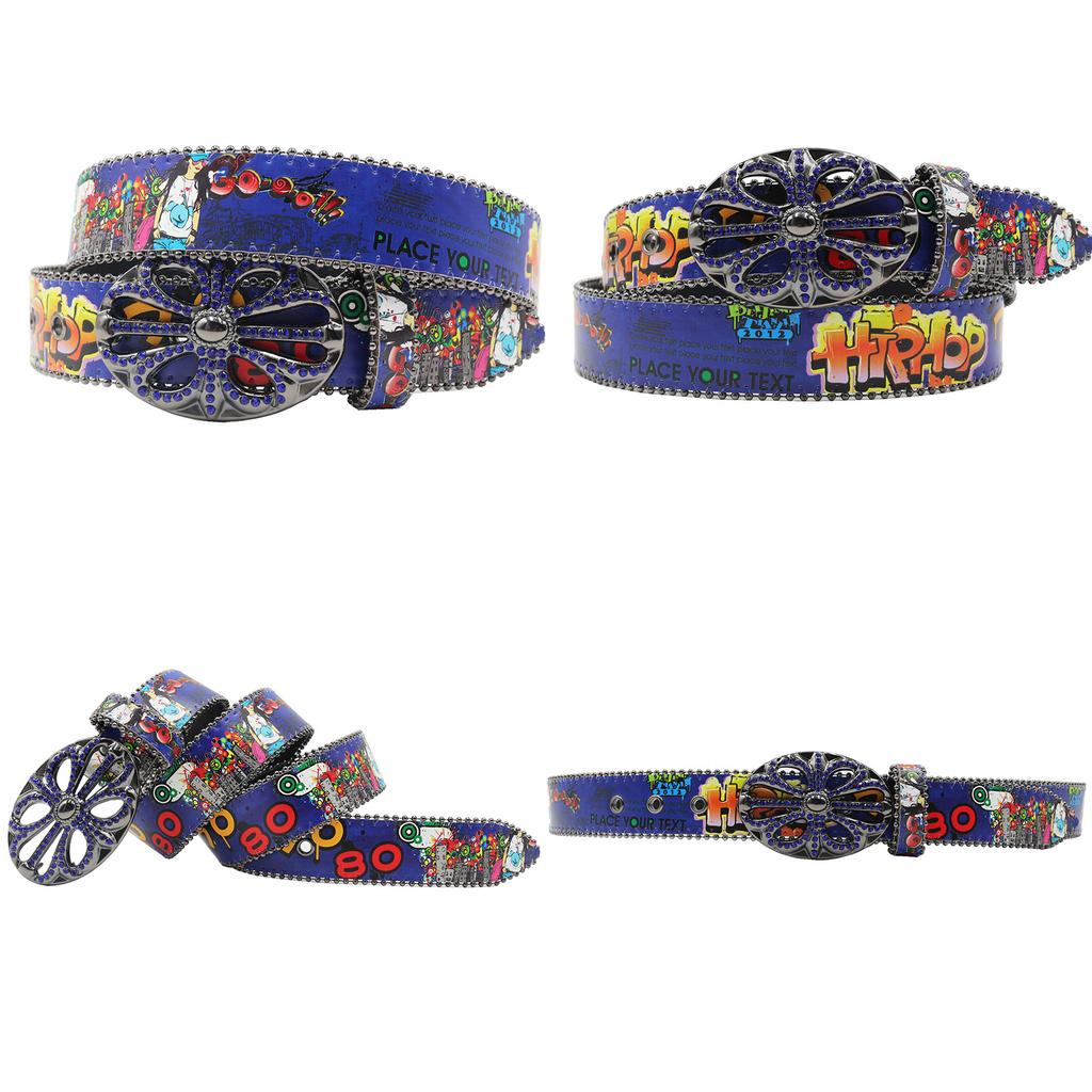 Ворона Стразы Пряжка Головной Крючок Принт Граффити Повседневный Персонализированный Ремень Ремень Европейский и Американский Универсальный