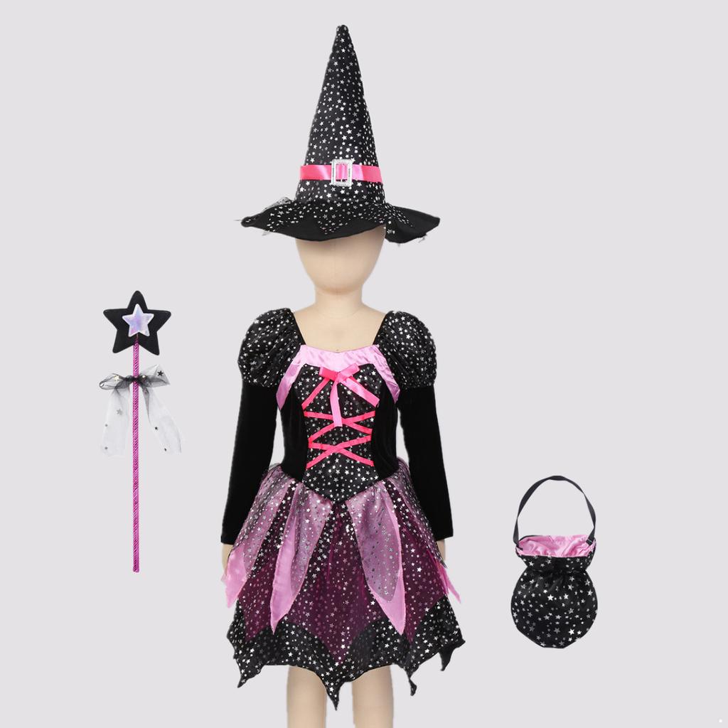 Kids Girls Witch Costume For Halloween Fancy Dress Up Dress With Pointed Hat Wand Candy Bag Set