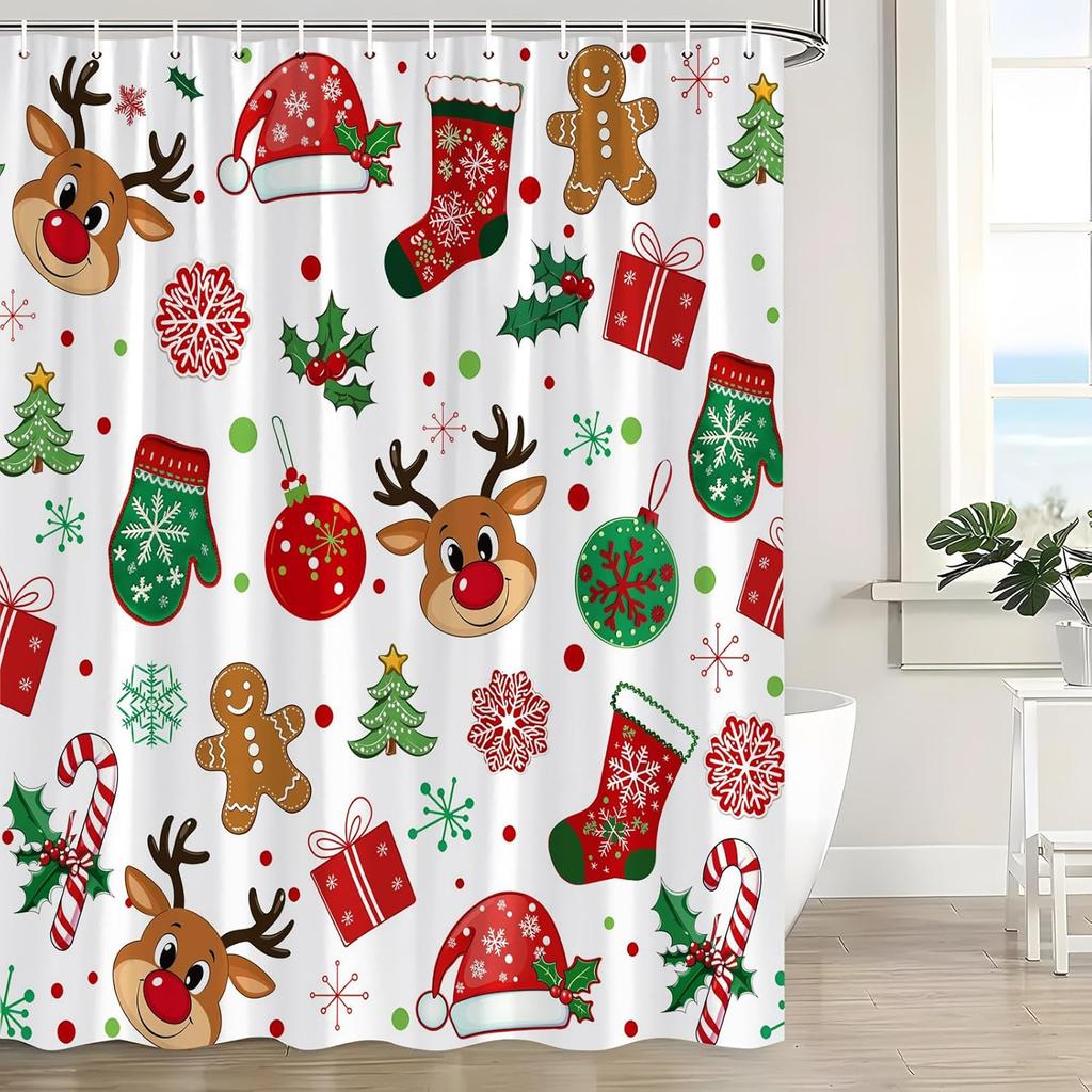 Christmas Shower Curtain Cute Reindeer Cookies Snowflake Red Green Xmas Balls Pine Tree Candy Holly Berry Winter Holiday Happy
