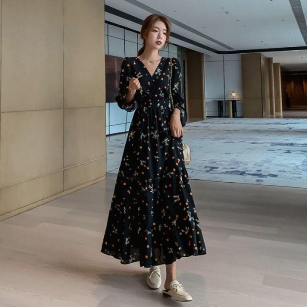 Платье с оборками и цветочным принтом, платье-рубашка с V-образным вырезом, платье из мягкого шифонового платья в стиле бохо для женщин