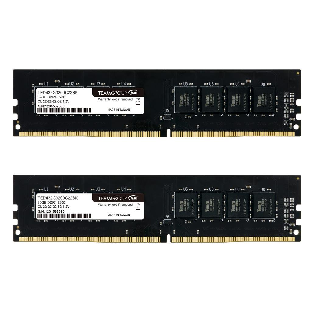 Комплект TEAMGROUP Elite DDR4 64 ГБ x 3200 МГц CL22 Небуферизованный UDIMM Модуль оперативной памяти для настольного ПК TED464G3200C22DC01 (2 32 ГБ) (PC4-25600)