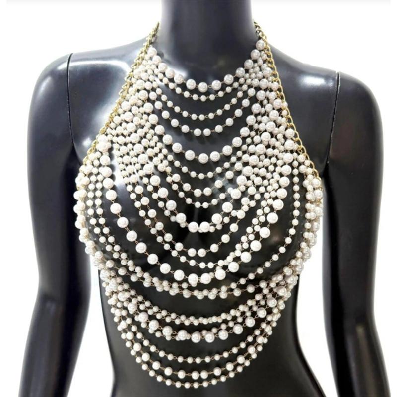 Multiple Layer Imitation Pearls Chest Necklace Detachable Chains Evening Party Wear Comfortable Fit