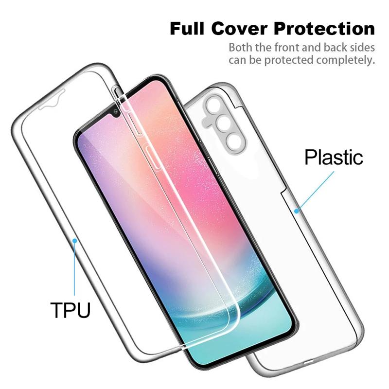 Прозрачный силиконовый двойной чехол на 360° для Samsung Galaxy A55 A15 A05S A54 A14 A04S A53 S23 S24 Ultrs Plus Redmi Note 13 iPhone 15 14 13 12 Pro Max полное покрытие
