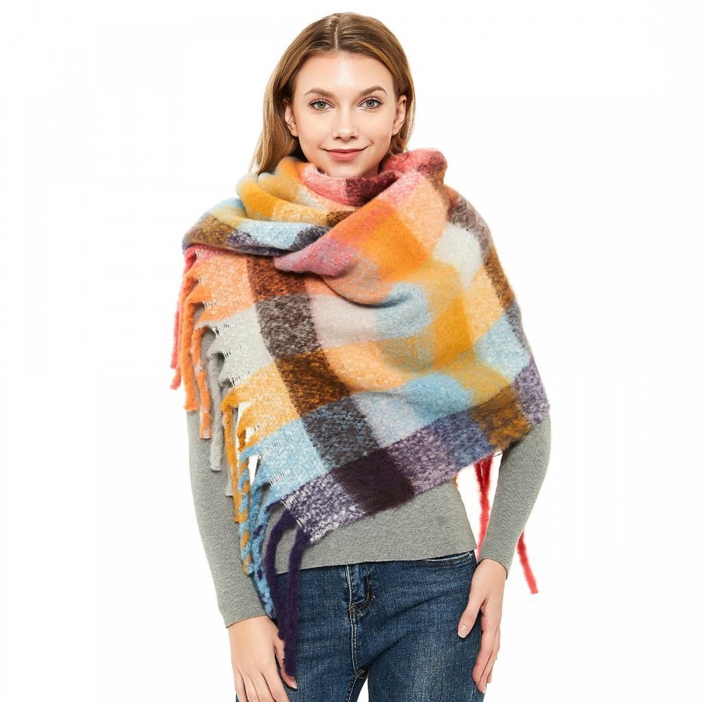 Осенне-зимний толстый клетчатый шарф с кисточками, женская шаль