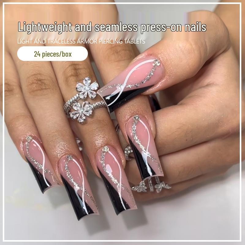 Европейские и американские острые женские средние-длинные черные полосы по краю, съемные накладные ногти с флэш-бриллиантами