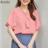 Women Casual V-Neck Loose Ruffles Short Sleeve Blouse