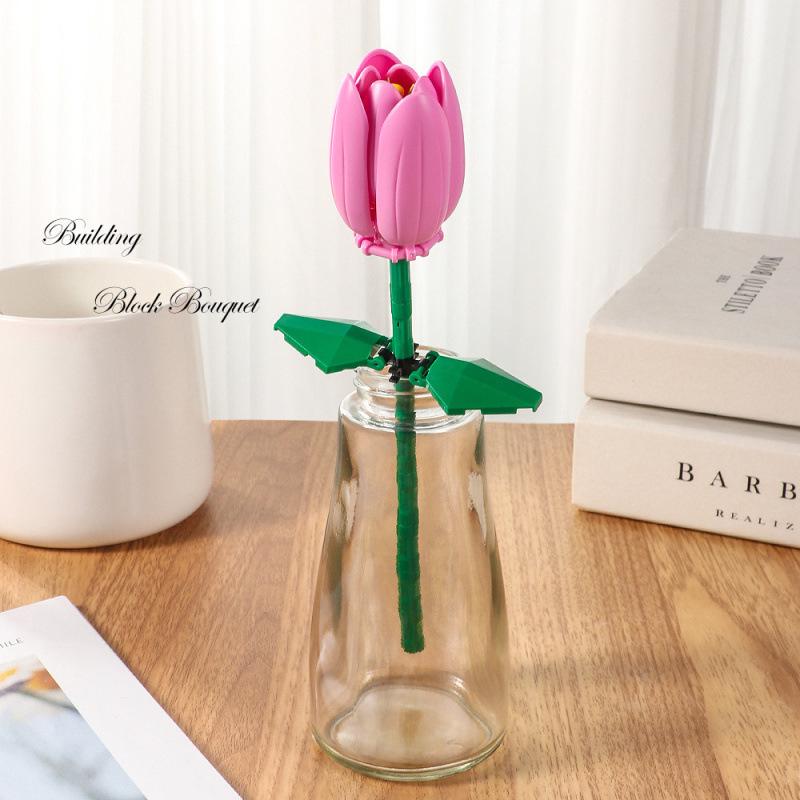 Tulip Lego-Compatible Everlasting Flower Building Blocks: Puzzle Ornament Potted Plant Toy, Valentine's Day Rose Gift.