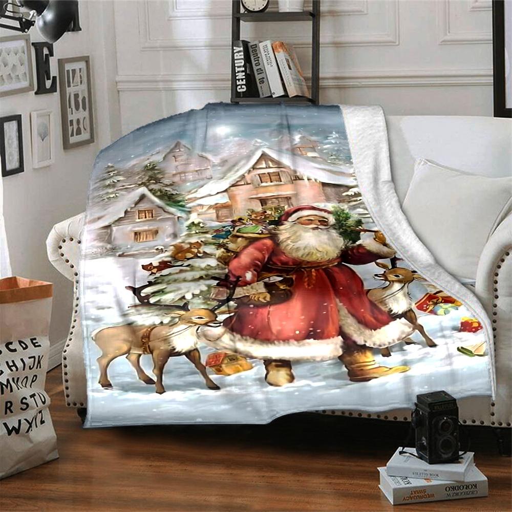 1pc Santa Claus, snowy village blanket Lightweight Flannel Throw for Sofa Bed Travel Camping Livingroom Office Couch Chair