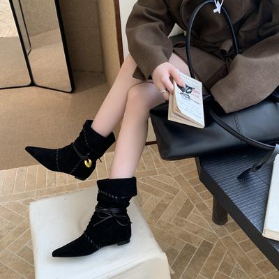 Модные замшевые тонкие рыцарские ботинки на внутренней платформе для женщин, новинка осени и зимы 2025 года, остроносые ковбойские ботинки в западном стиле на наборном каблуке