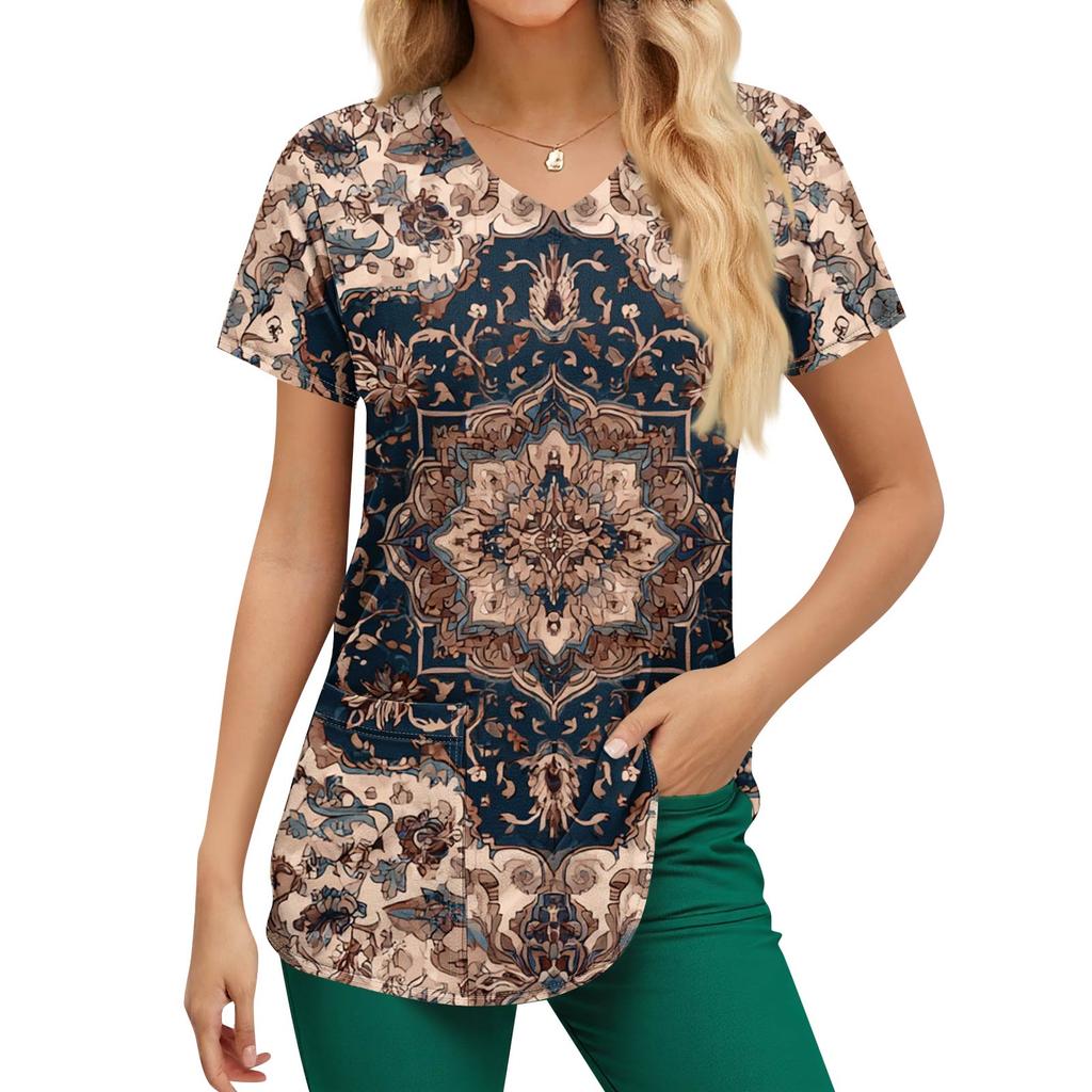 Plus Size Printed Scrub Working Uniform Tops For Women's V-Neck Print Short Sleeve Fun T-Shirts Workwear Tee With Pockets