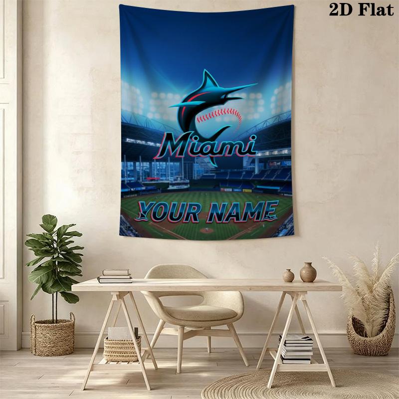 Name Custom Miami Marlins Logo Wall Tapestry Aesthetic Wall Hanging Printed Fabric Blanket Decorative Tapestries for Bedroom Living Room Home Decor