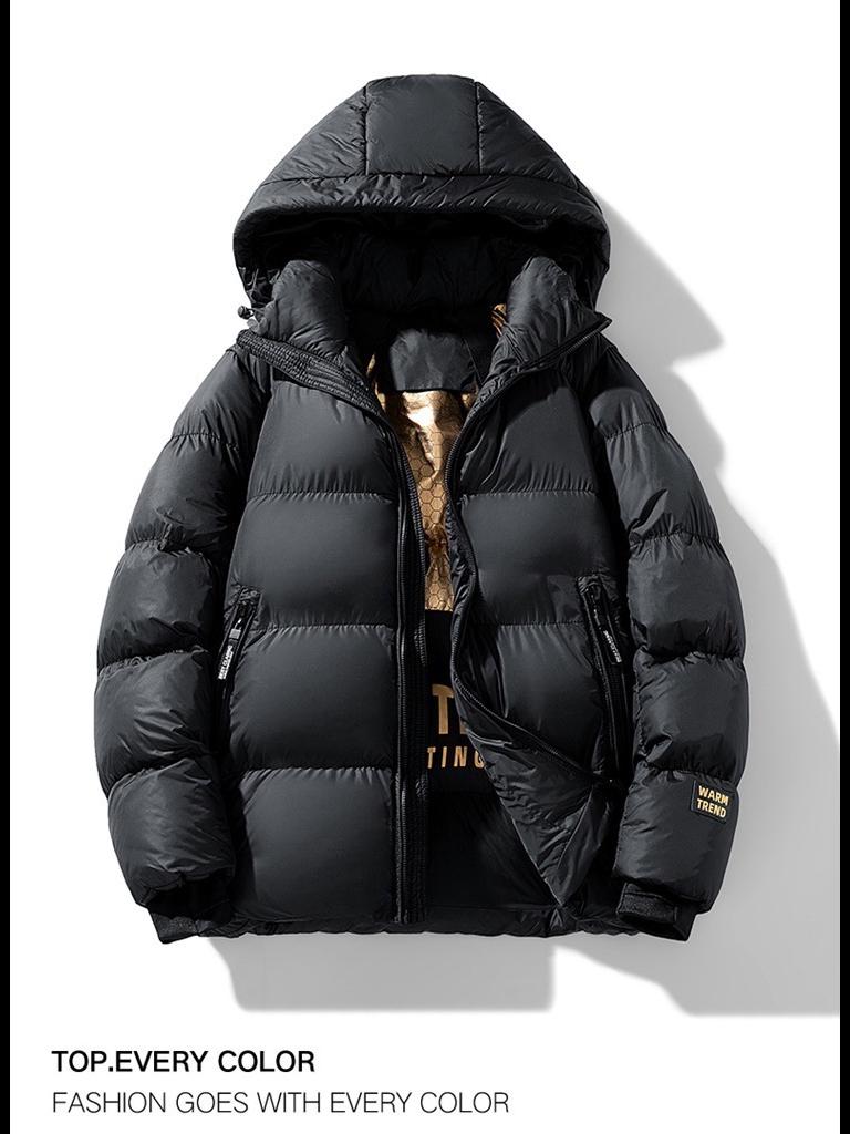 Мужская универсальная зимняя куртка из хлопка с капюшоном, черная с золотом — плотная, теплая, в студенческом стиле