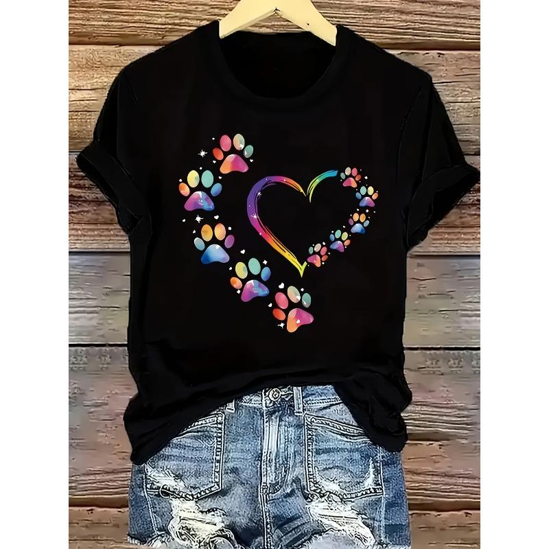 Женская повседневная черная футболка европейского размера с принтом разноцветных кошачьих лапок и сердца, топ с коротким рукавом и круглым вырезом, легкий для весны и лета