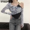 Women Chic Mesh Patchwork Long Sleeve T-Shirt + Inner Fitting Suspender Irregular Fake Two Pieces Cropped Tops