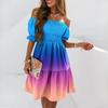 Women Summer Fashion One-Shoulder Short Sleeve Gradient Print Ruffle Mini Dress