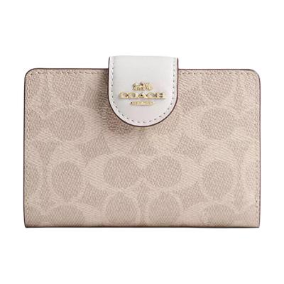 Кошелек женский Corner Zip Signature 13 с логотипом бренда, на кнопке, из покрытого канваса, цвет Песочный Мел CW786-IMXDM