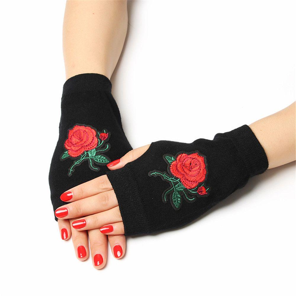 Rhinestone Wool Knitted Half Finger Computer Mittens Warm Gloves Fingerless Gloves