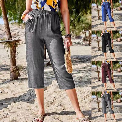 Женские модные повседневные свободные брюки капри прямого кроя однотонной расцветки с карманами