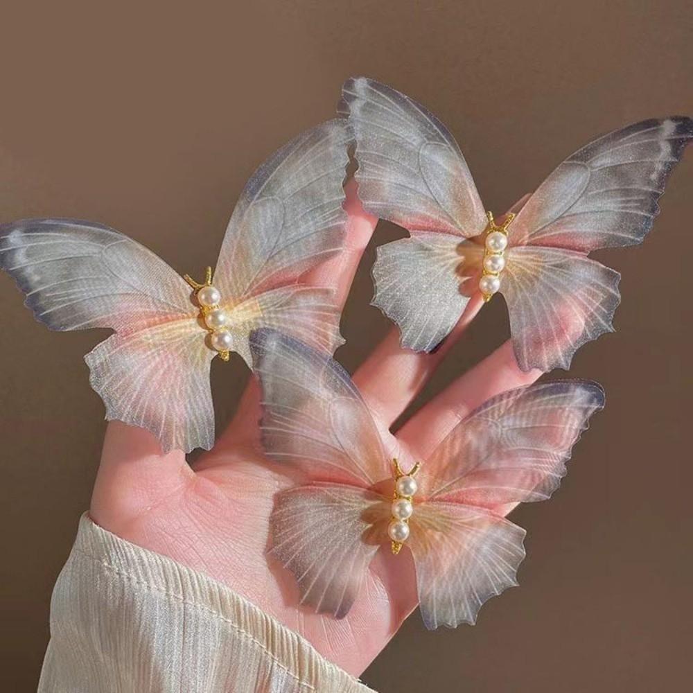 New Pearl Butterfly Hair Clips Dreamy Blue Ponytail Headdress Mesh Lace Butterfly Hairpins Hair Accessories