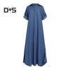 Fall Spring Lady Dress V Neck Loose Short Sleeves with Cufflink Split Hem Plus Size Dress Solid Color Buttons Pullover A-line Daily Wear Beach Maxi