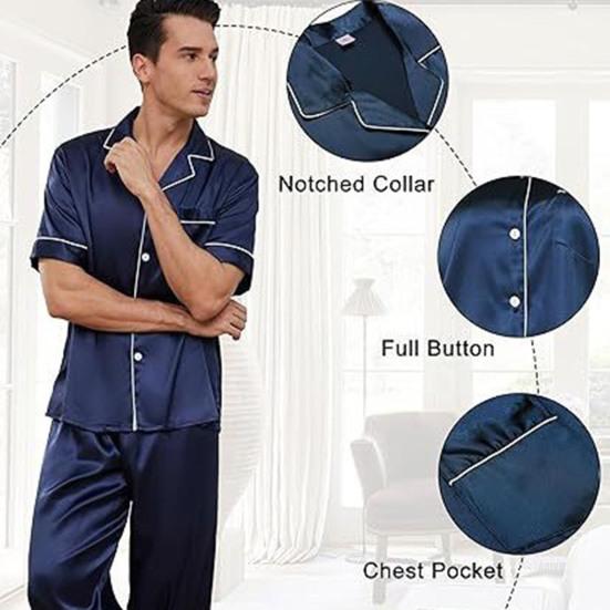 2Pcs/Set Silk Satin Men Pajama Set Notch Collar Button Down Pajama Top with Chest Pocket