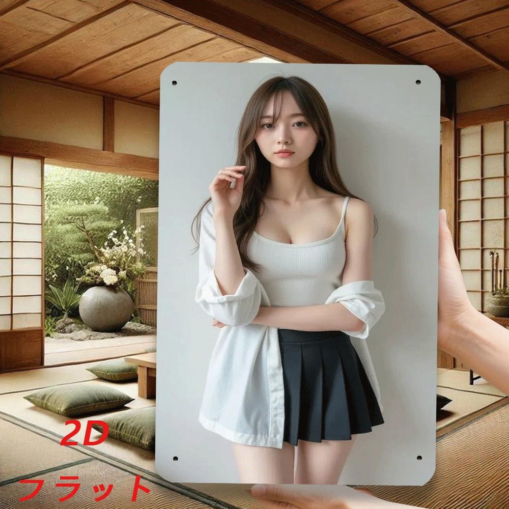 Hisun Tin Sign HD Metal Tin Sign Beautiful Asian Model in White Cami Pleated Skirt Studio Portrait Wall Art Decor