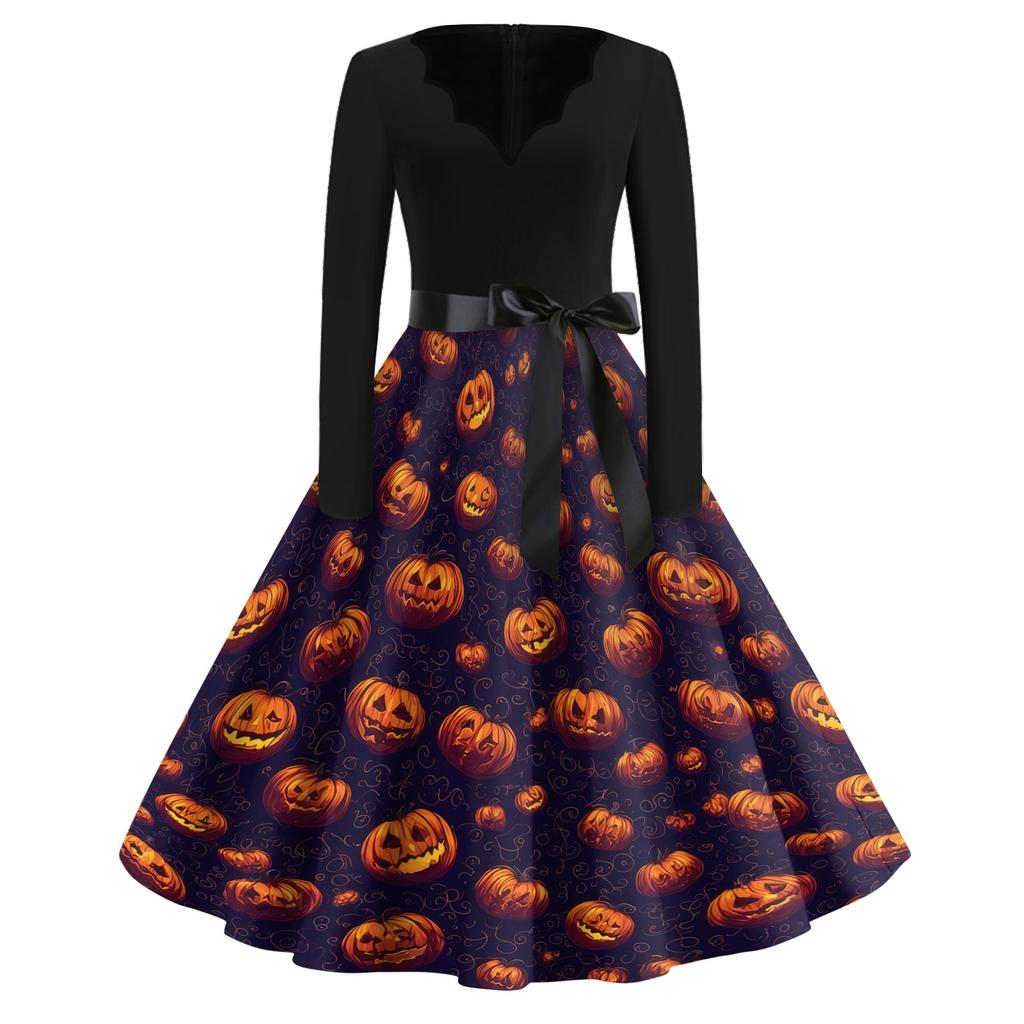 Women's Casual Halloween Printed V Neck Vintage Dress Long Sleeve Retro Fit and Flare Knee Length Dress with Belt and Halloween Pumpkin Design