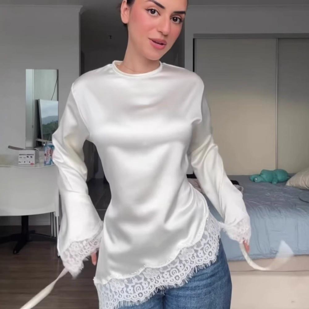 Satin Women's Lace-up Tops Round Neck Slim Belted Blouse Chic Lace Patchwork Long Shirt Outwear