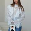 Французский Нежный Ветер Рукава Летучая Мышь Длинные Рукава Воротник-стойка Шнуровка Топ Женский Европейский и Американский Дизайн Для Коммутирования Шифоновая Рубашка