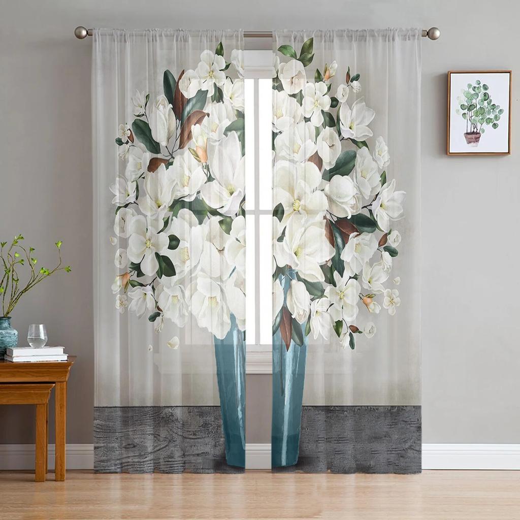 Идиллические белые цветы, винтажные фоновые тюлевые шторы для гостиной, кухни, современные оконные занавески, вуали