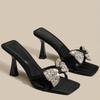 Summer New Stiletto Sandals Square Head Open Toe Sequin Butterfly Knot Thin Strap Anti-slip Wear-resistant High-heeled Slippers