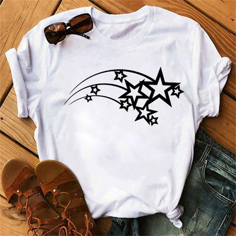 Maycaur Woman Star Moon Print Harajuku Летние футболки Повседневная футболка с круглым вырезом и коротким рукавом Женская черная футболка Прямая поставка
