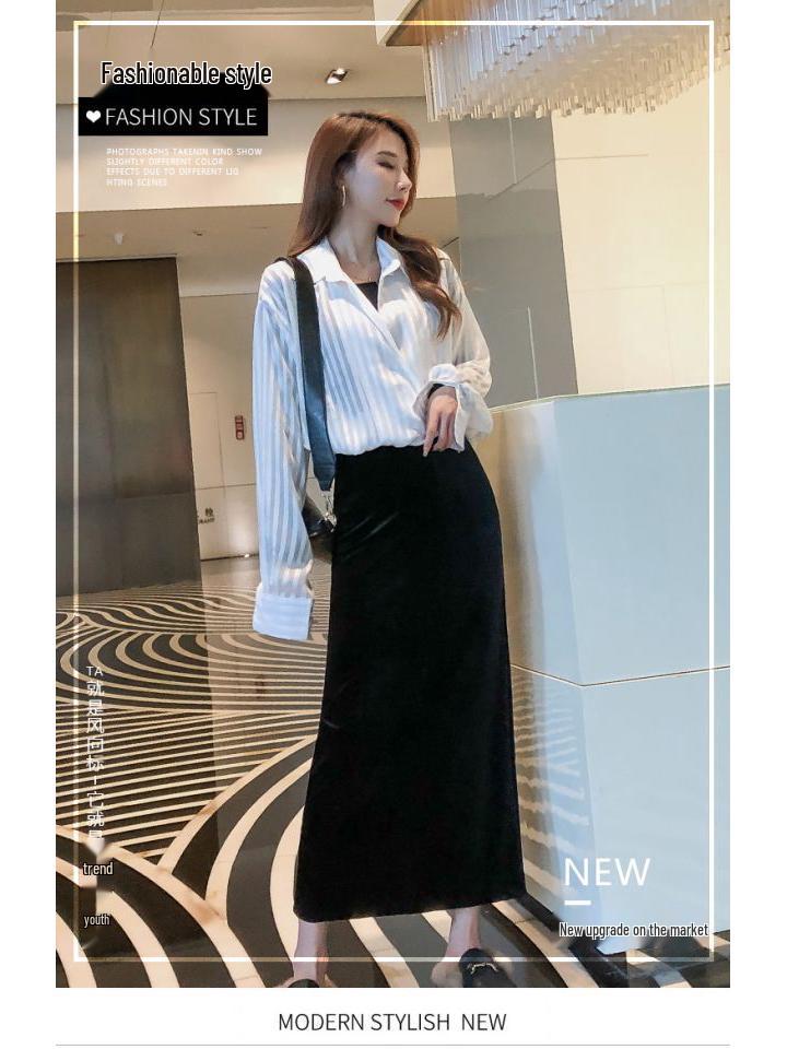 Ретро Осенне-зимняя черная бархатная миди-юбка с высоким поясом и разрезом - Облегающий силуэт