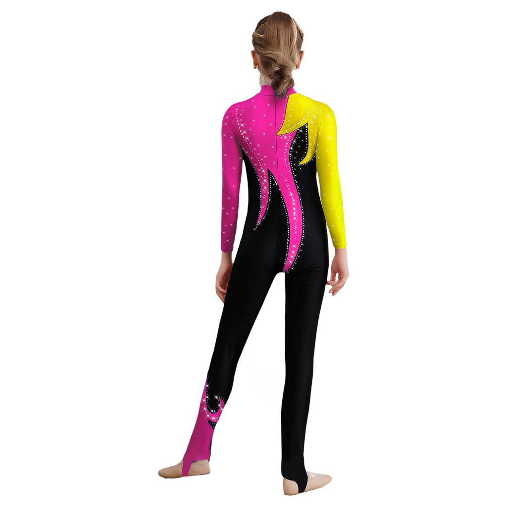 Девочки Цветной блок Гимнастический комбинезон Водолазка Длинный рукав Блестящие стразы Боди Комбинезон На все тело