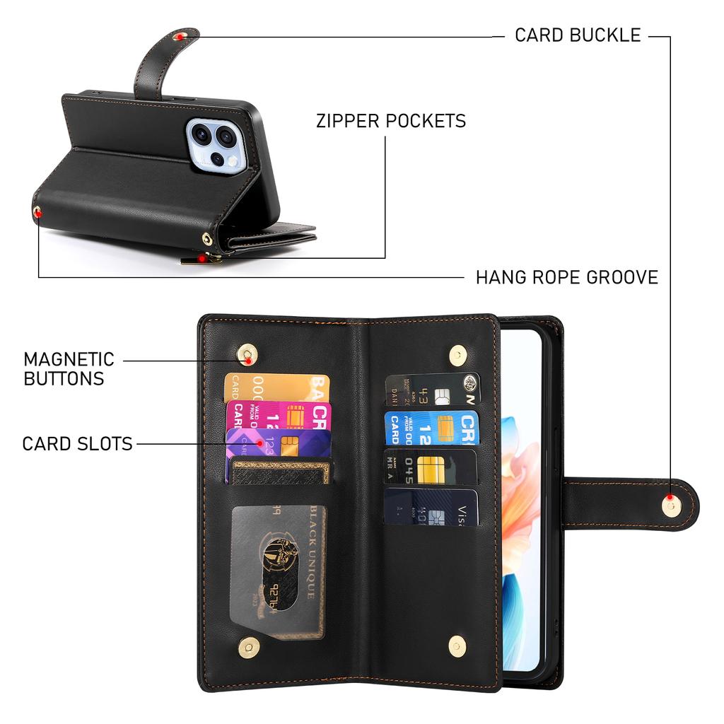 For Oppo Reno15 F 5G Leather Case Zipper Pocket Wallet Phone Cover with Straps