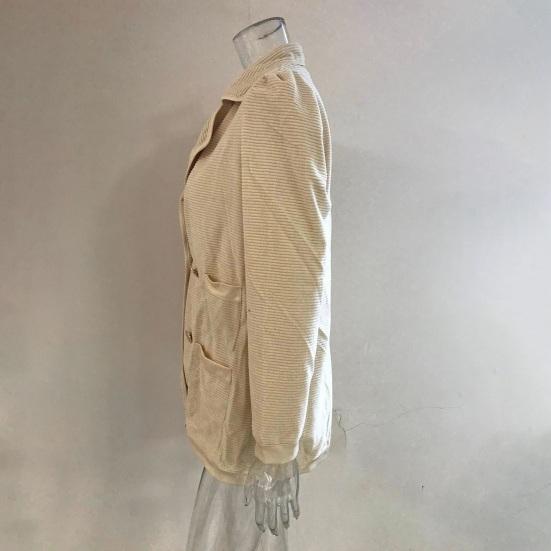 Women's Long Sleeve Tweed Double Breasted Blazer Jacket Notched Lapel Ribbed Open Front Fall Coat with Pockets