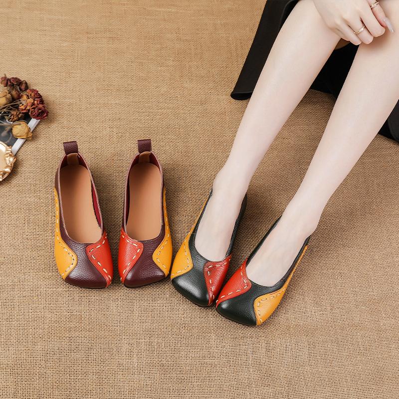 2024 Spring Autumn Women Flats Calf Leather Shoes Slip On Ballet Flats Ladies Patches Shallow Shoes Mom Moccasins Loafers Shoe