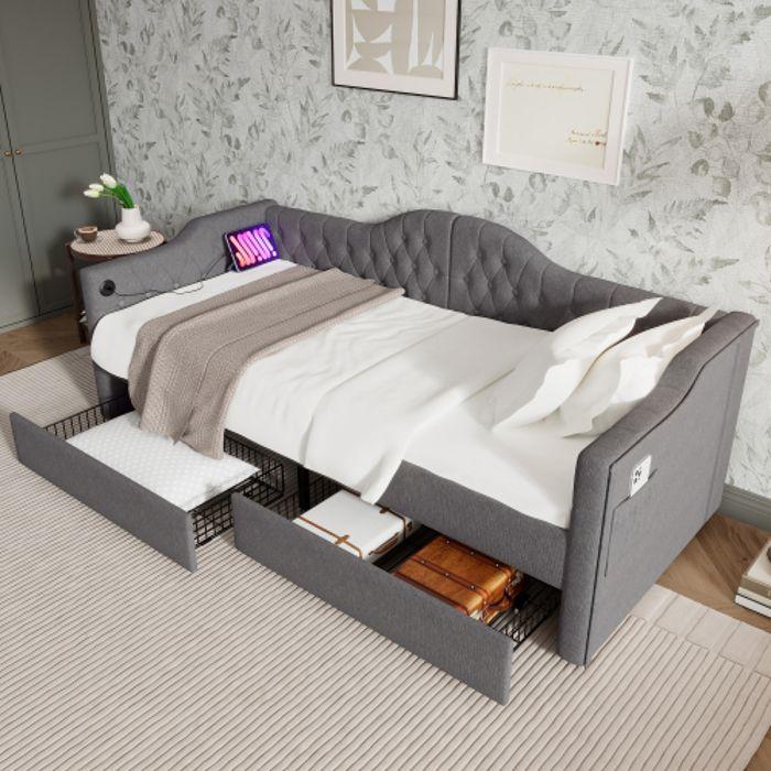 Cadre de lit - MUVOE - 90x200 cm - Rembourré en lin gris - 2 tiroirs - Recharge USB Type C