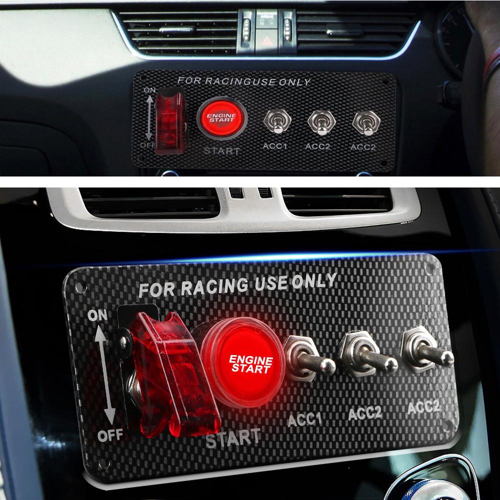 3 Gang True Carbon Fiber 12V LED Lgnition Switch Panel Car Modification Racing Universal Car Engine Start Push Button