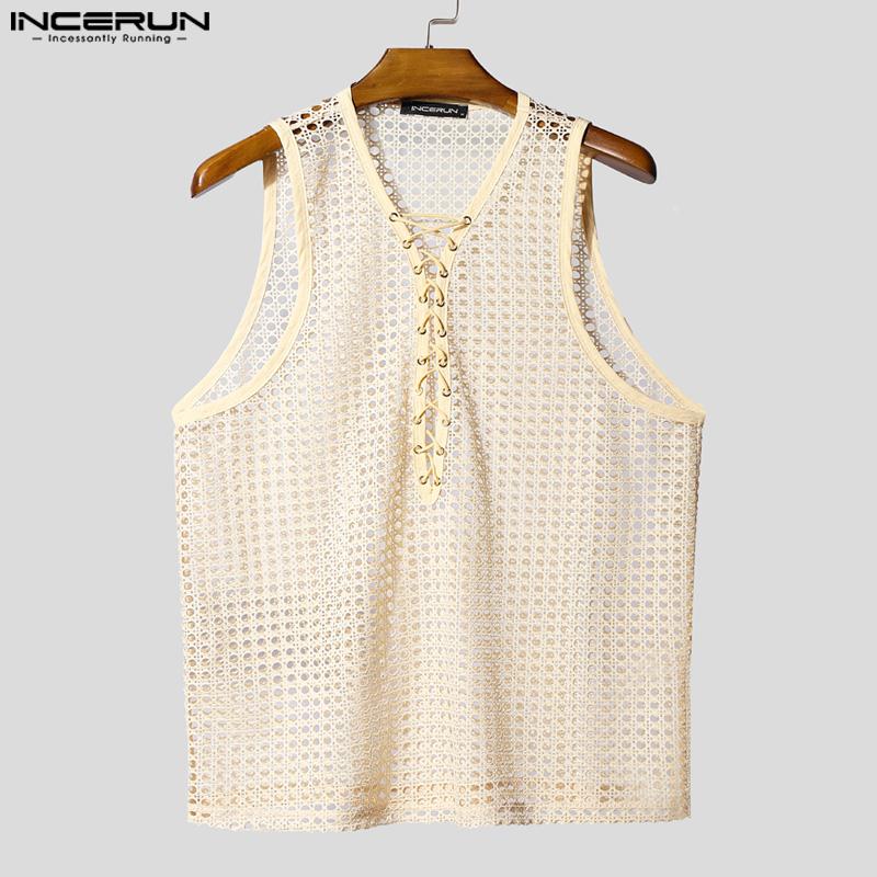 INCERUN Men Sleeveless Lace-up Bandage Hollow Out Casual Tank Tops