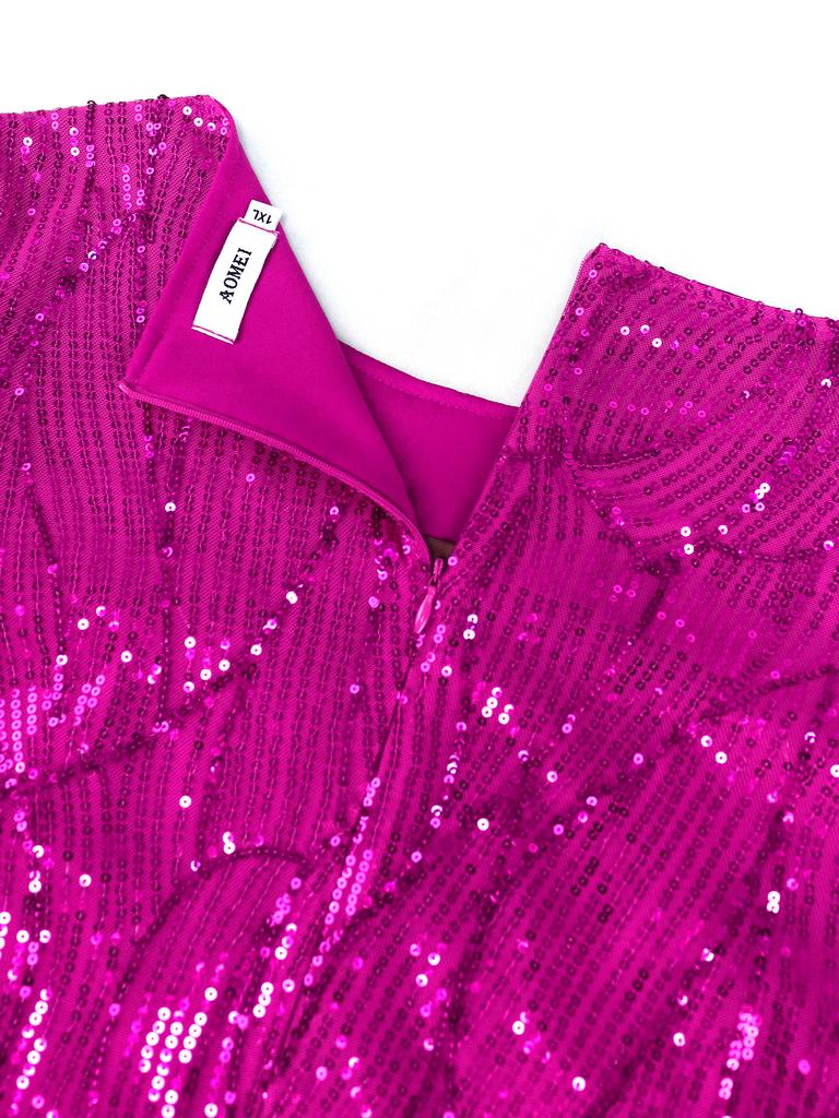 AOMEI Роскошные платья цвета фуксии с блестками для женщин с круглым вырезом и сеткой в стиле пэчворк с пышными рукавами и облегающими стильными длинными вечерними вечерними платьями для выпускного вечера