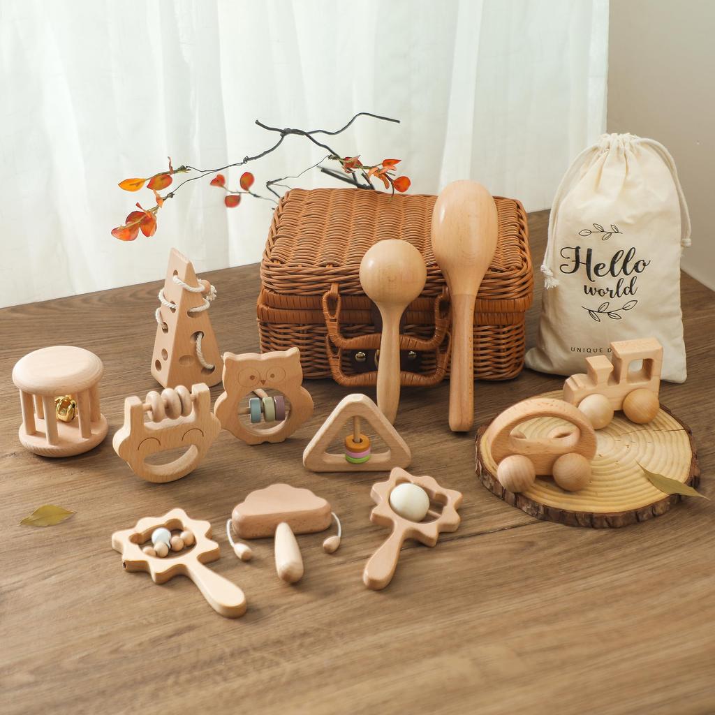 Игрушка-погремушка Promise Babe, погремушка из натурального дерева, подарок для ребенка, роскошный набор из 12 предметов, погремушка для малышей, елка, качающийся звук, детский подарок, подарок для новорожденного, коробка для хранения
