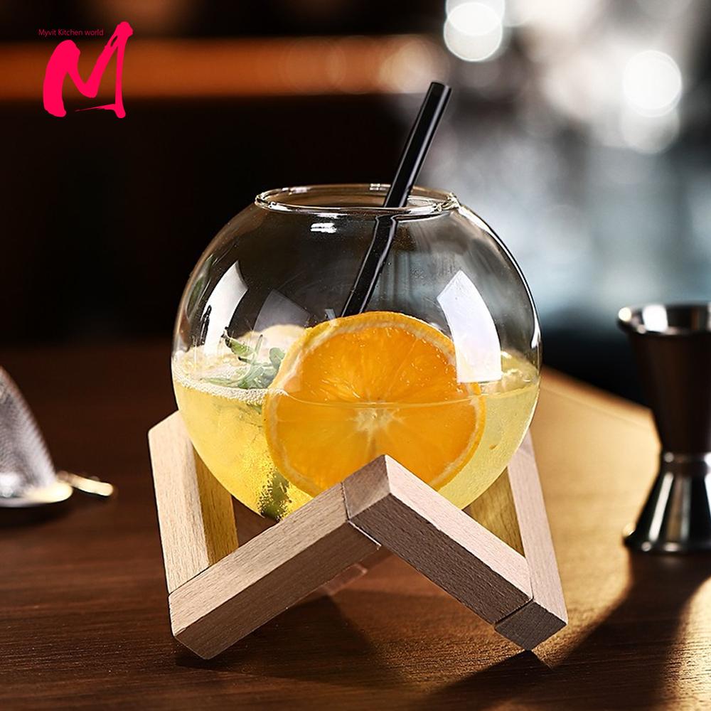 Стакан для коктейля с деревянной подставкой Креативная стеклянная посуда для бара Стакан для коктейля Круглый шар Кружка для коктейля Смузи Фруктовый лунный стакан для сока