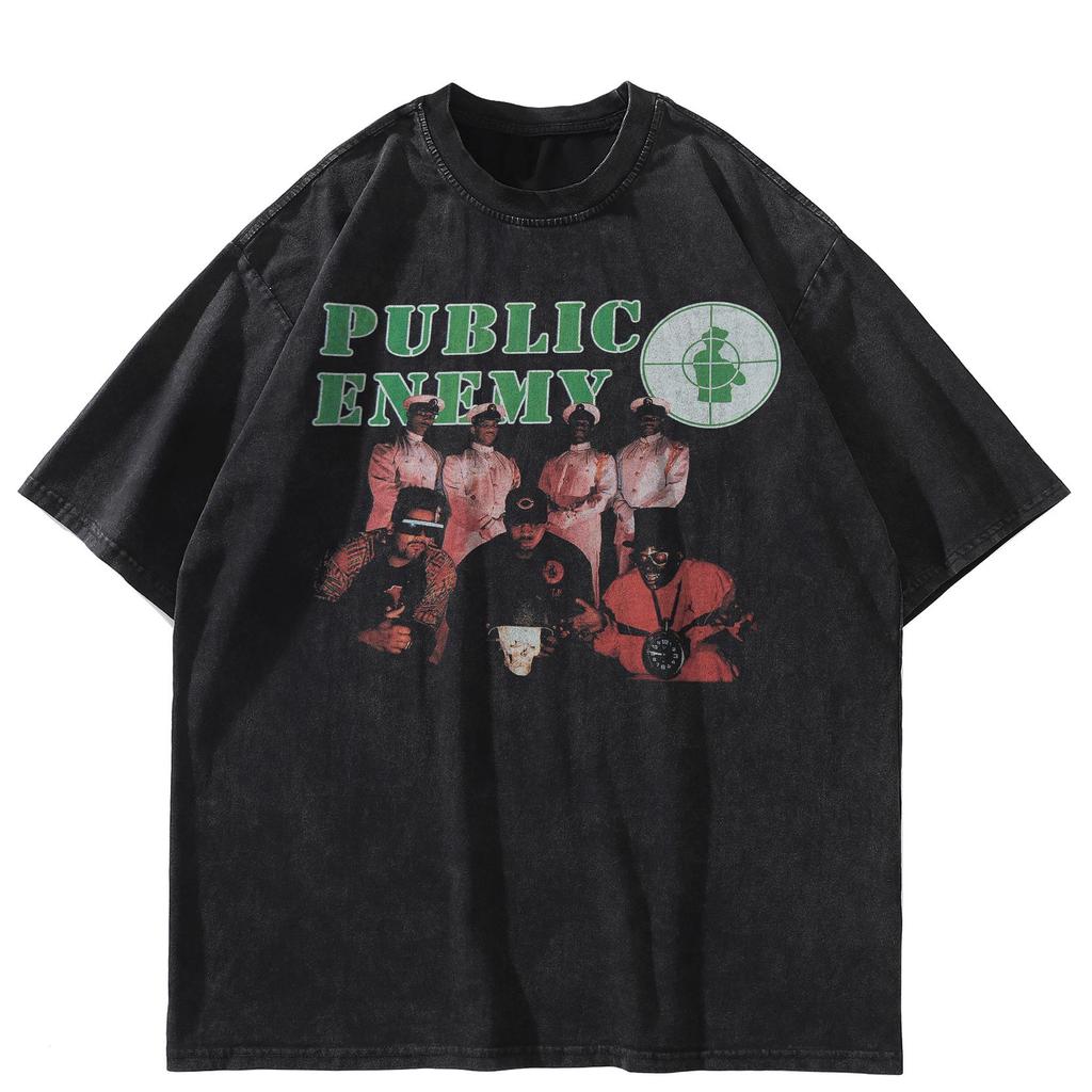 Streetwear PUBLIC ENEMY Graphic Black T-Shirt Cotton Unisex Tops Tees Summer Short Sleeves T Shirt