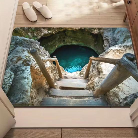 Yousheng 3D Ковер с ямой Реалистичный коврик для пола с бездонной ямой Забавный ковер с оптической иллюзией с нескользящей основой для прихожей, гостиной, ванной комнаты