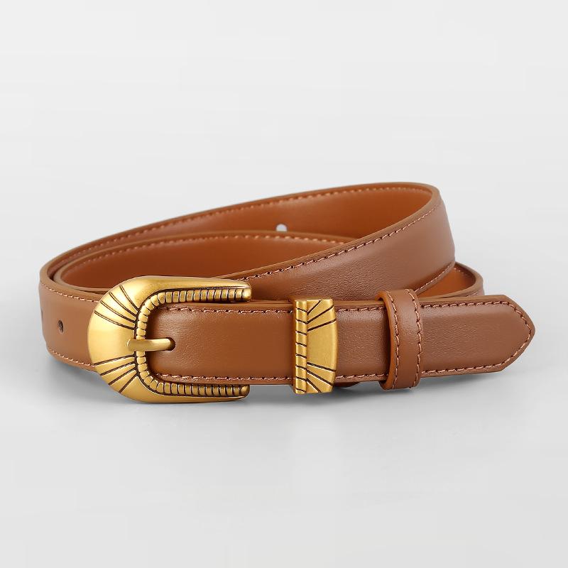 Women S Genuine Leather Belt Pin Buckle Thread Decorated Casual Versatile Waist Belt